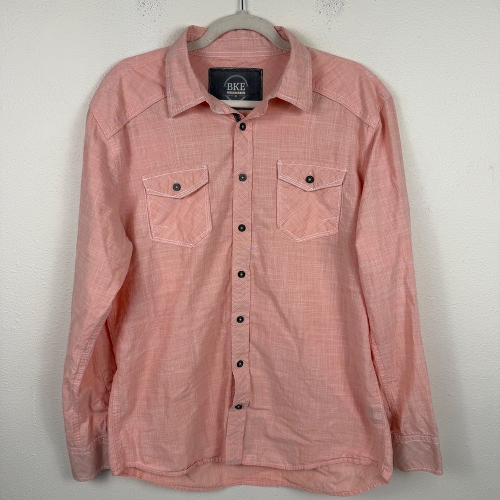 BKE Mens XL Standard Fit Long Sleeve Button Down Shirt Peach Coral Crosshatch